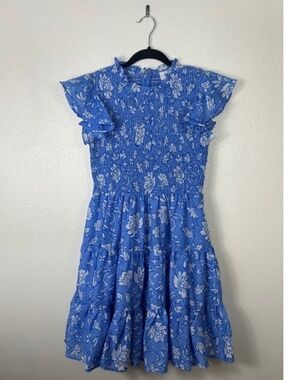 J. Marie ruched Periwinkle Blue Floral Smocked Ruffle Dress Small